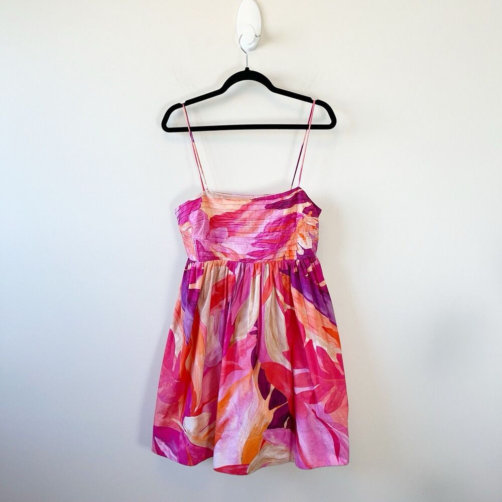 H&M Leaf Print Babydoll Mini Dress Pink Multi 100% Organic Cotton Medium NWT’s - Picture 13 of 16